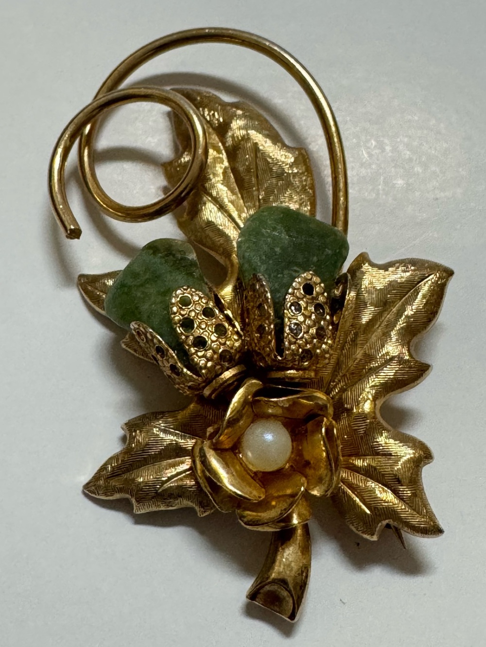 Gold-Tone Leaf Floral Brooch with Natural Green Stone